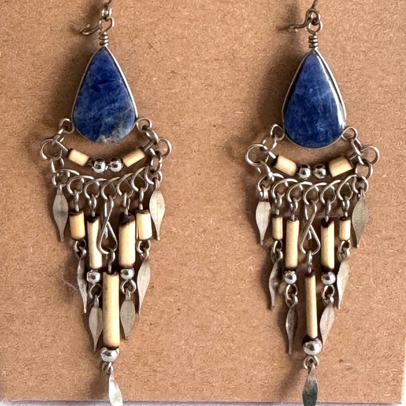 Jewelry - NWOT - Lapis Lazuli, Bamboo and Silver Dangle Earrings on Silver Hooks E125